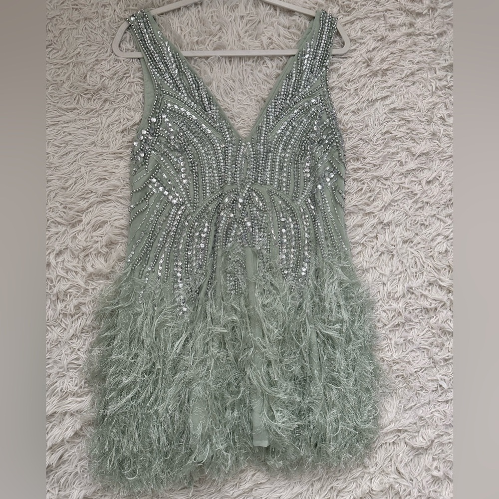 ASOS EDITION crystal and bead mini dress with faux-feather hem in sage green